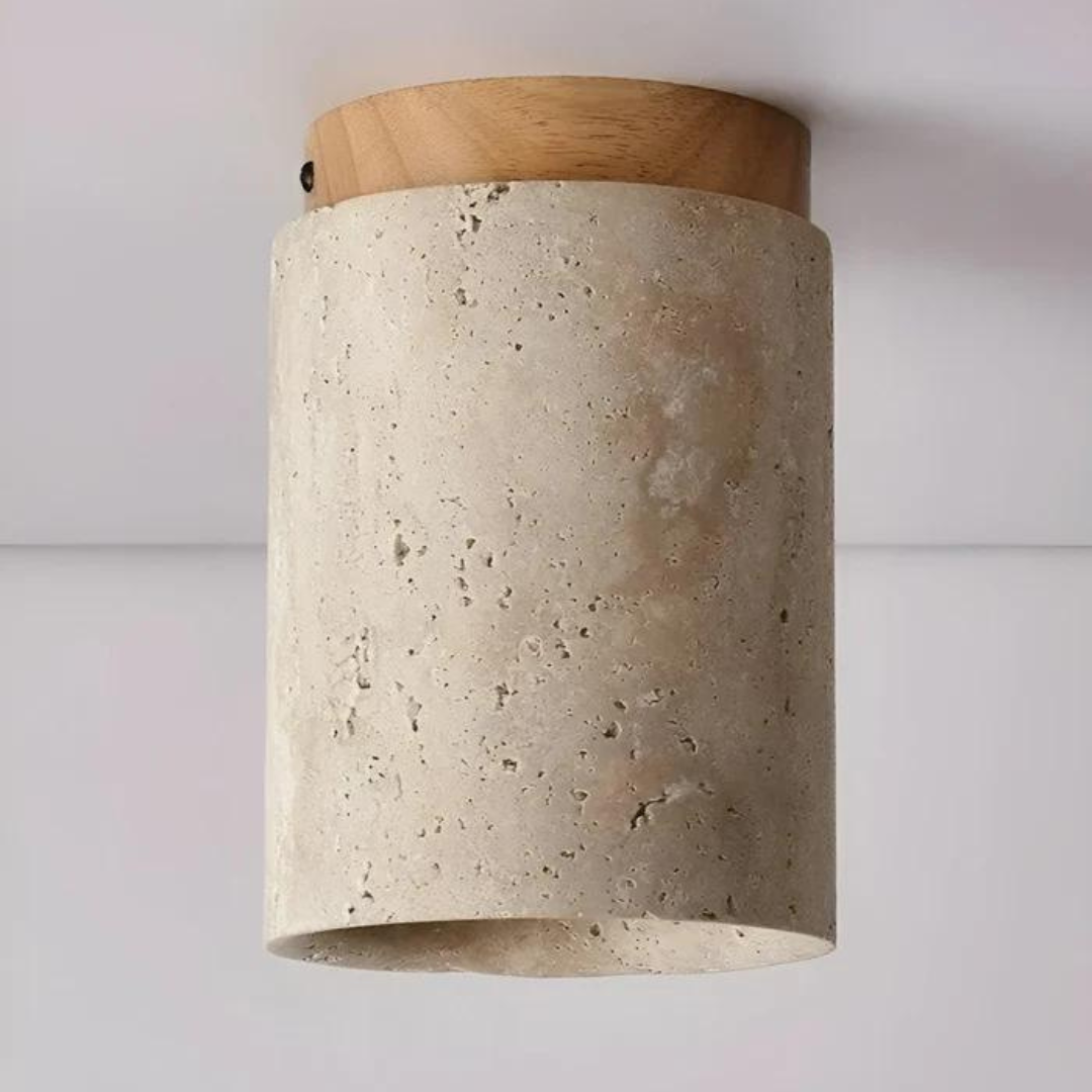 Round Japanese Wabi-Sabi Ceiling Lamp in Natural Travertine