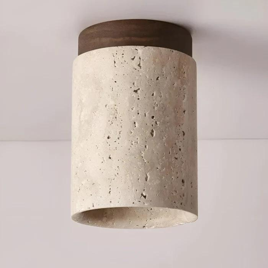 Round Japanese Wabi-Sabi Ceiling Lamp in Natural Travertine