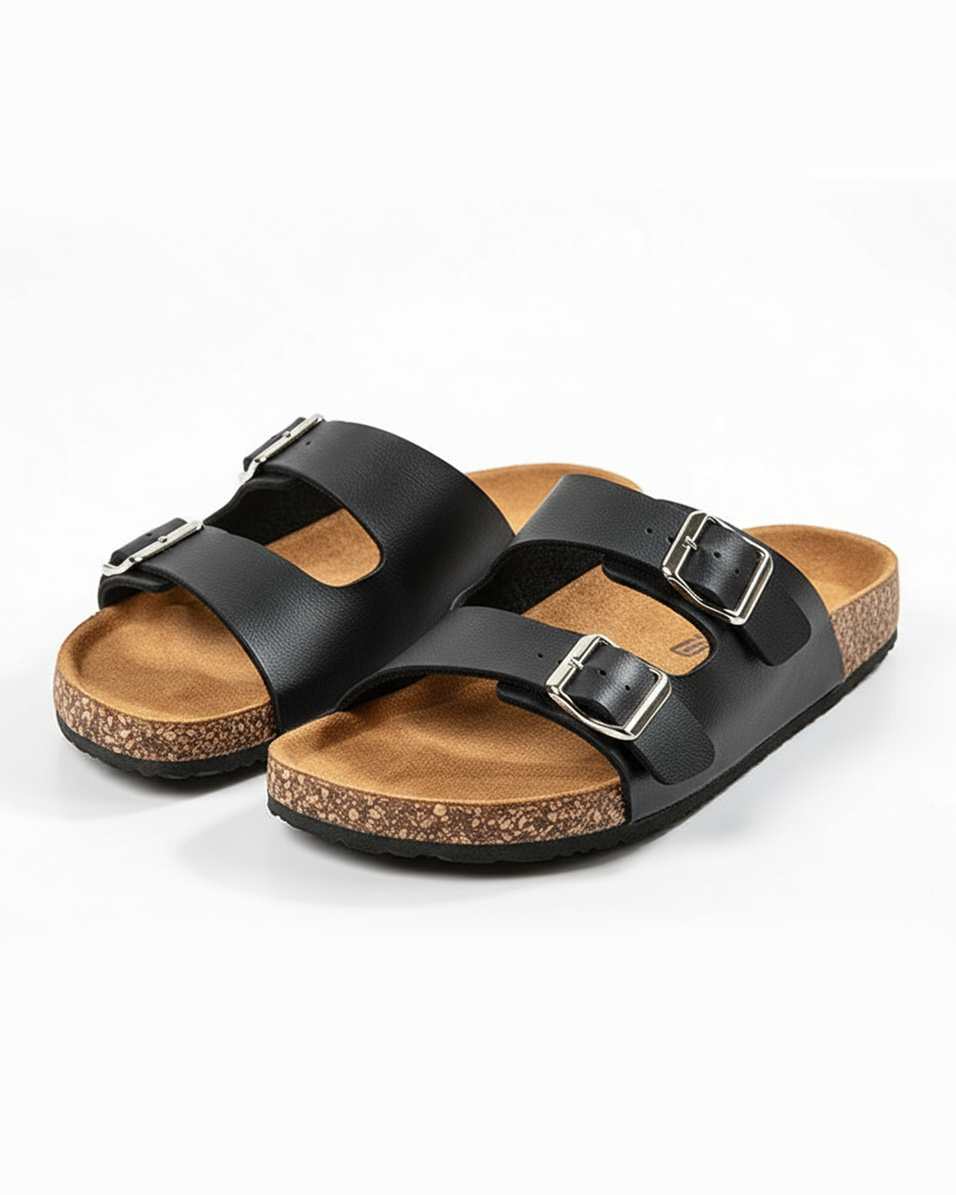 Unisex Double Buckle Slide Sandals with Cork Footbed