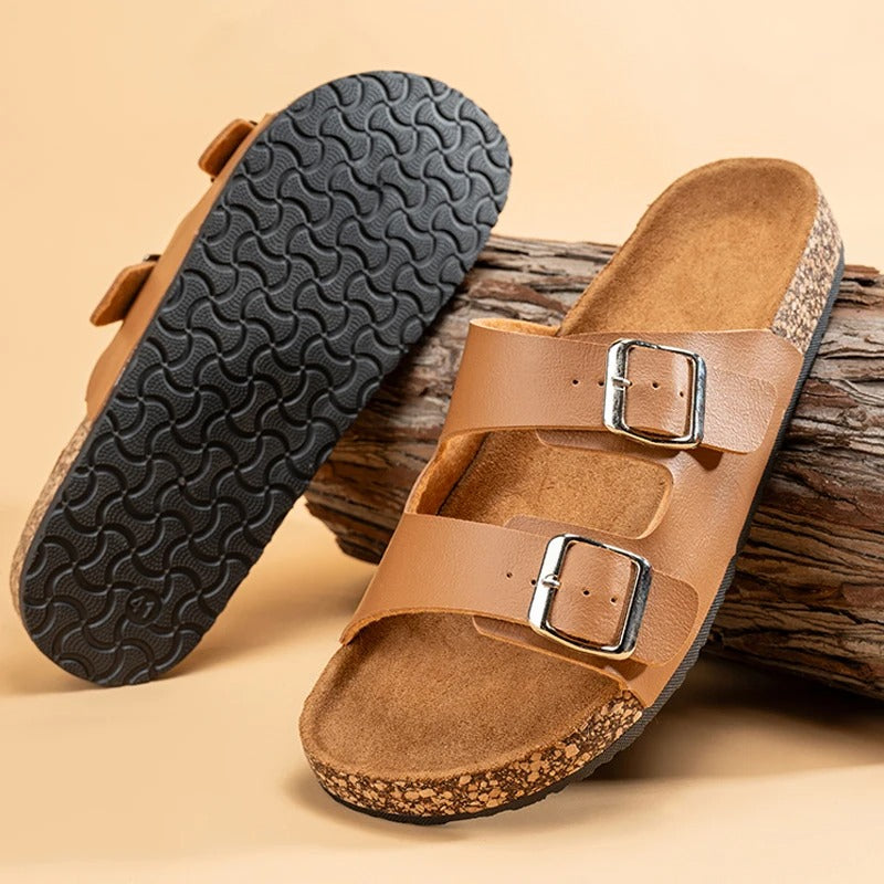 Unisex Double Buckle Slide Sandals with Cork Footbed