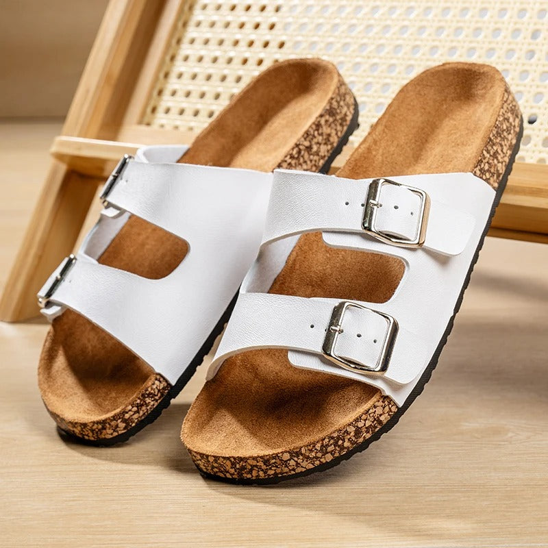 Unisex Double Buckle Slide Sandals with Cork Footbed