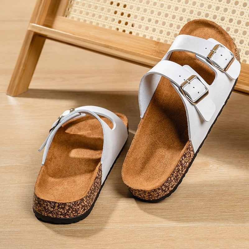 Unisex Double Buckle Slide Sandals with Cork Footbed