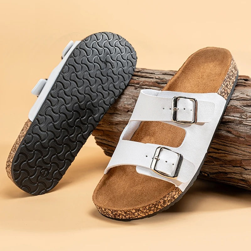 Unisex Double Buckle Slide Sandals with Cork Footbed