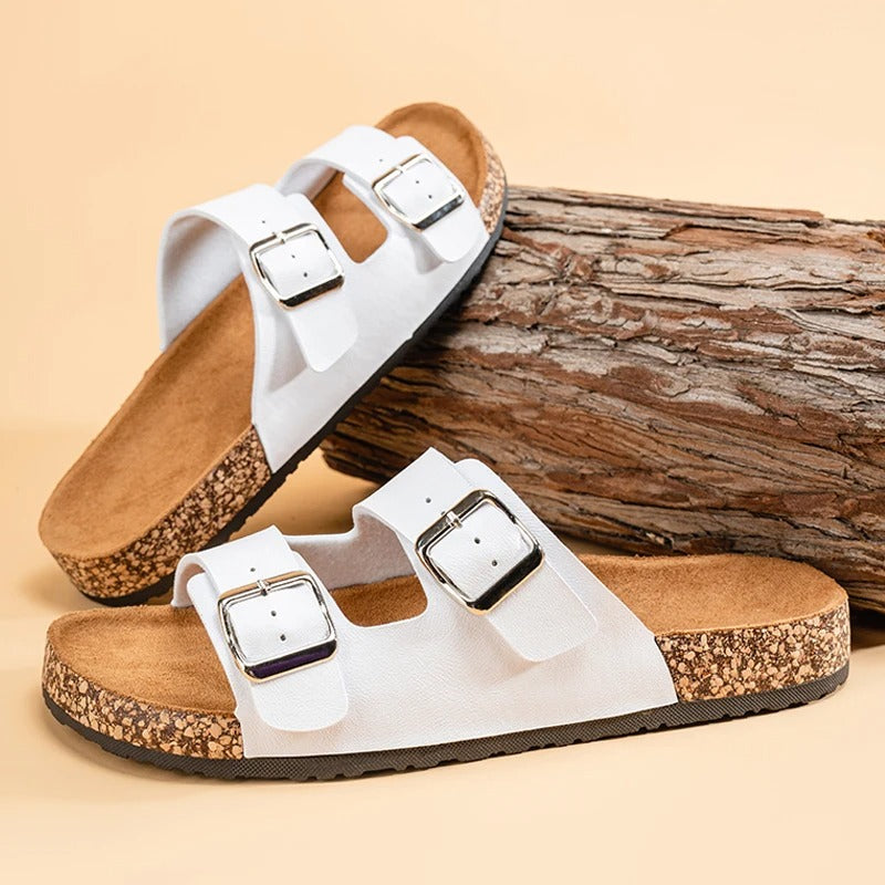 Unisex Double Buckle Slide Sandals with Cork Footbed
