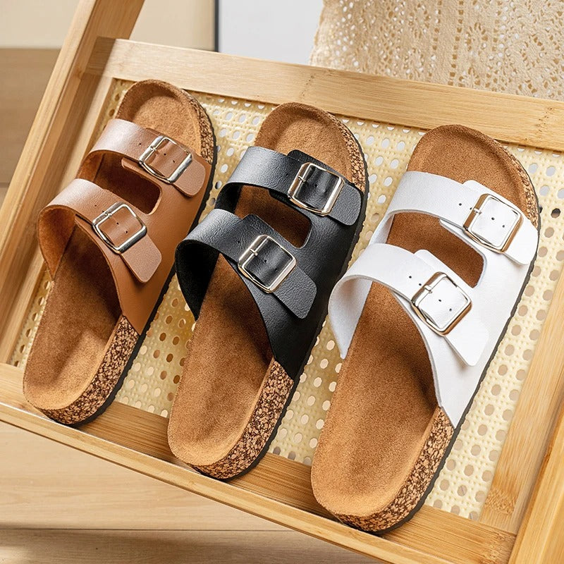 Unisex Double Buckle Slide Sandals with Cork Footbed