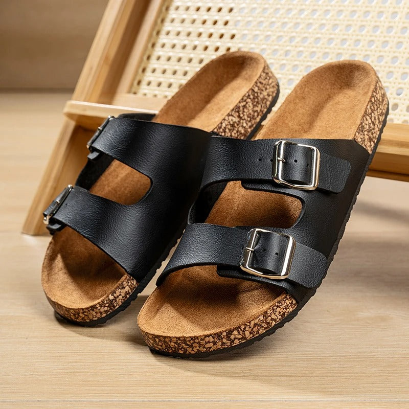 Unisex Double Buckle Slide Sandals with Cork Footbed