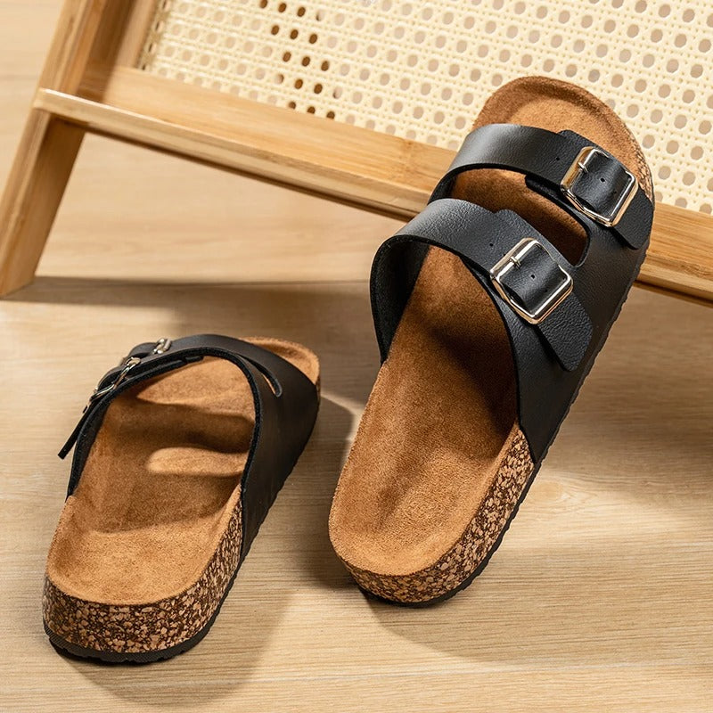 Unisex Double Buckle Slide Sandals with Cork Footbed