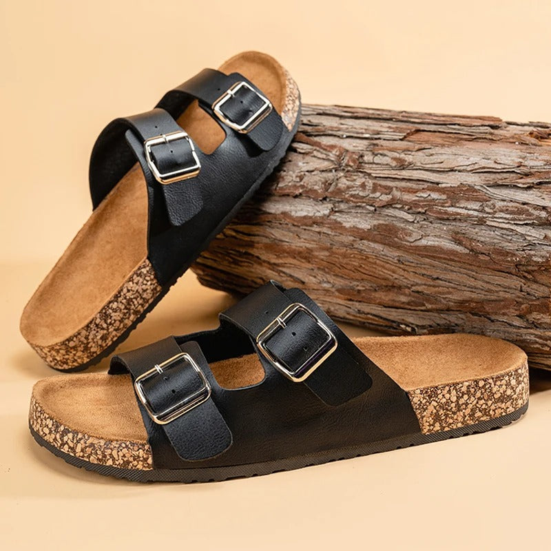 Unisex Double Buckle Slide Sandals with Cork Footbed