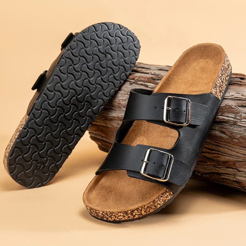 Unisex Double Buckle Slide Sandals with Cork Footbed