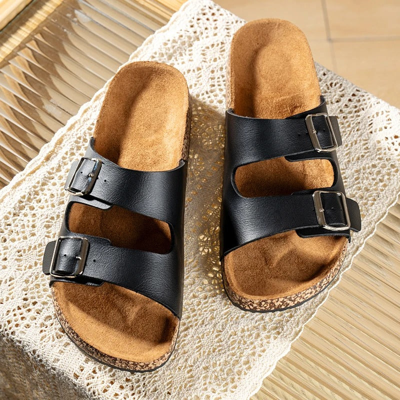 Unisex Double Buckle Slide Sandals with Cork Footbed