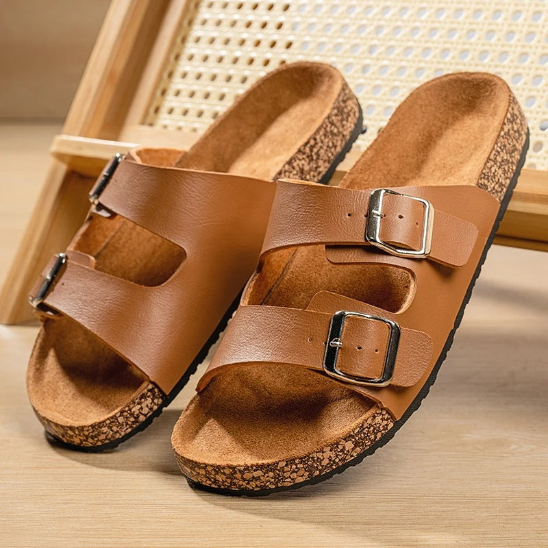 Unisex Double Buckle Slide Sandals with Cork Footbed