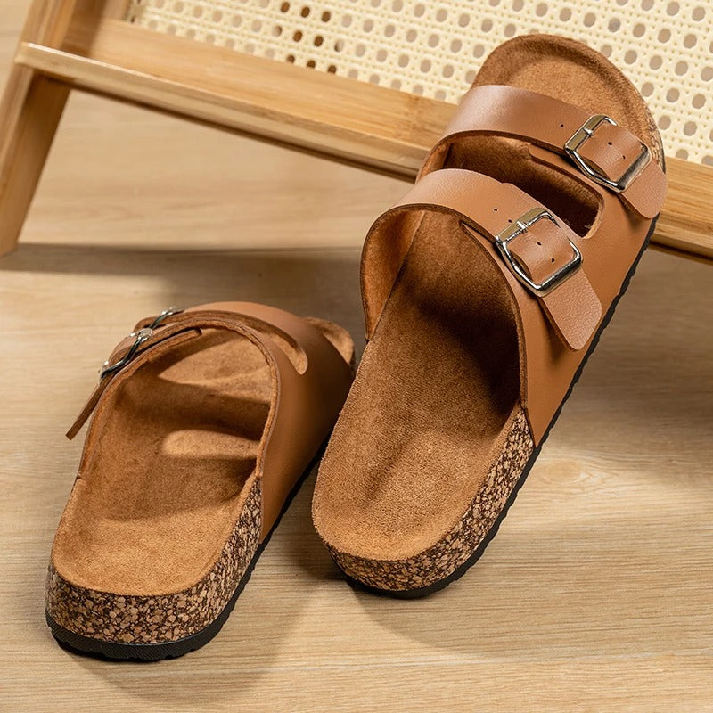 Unisex Double Buckle Slide Sandals with Cork Footbed