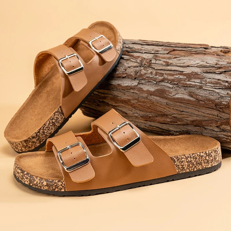 Unisex Double Buckle Slide Sandals with Cork Footbed