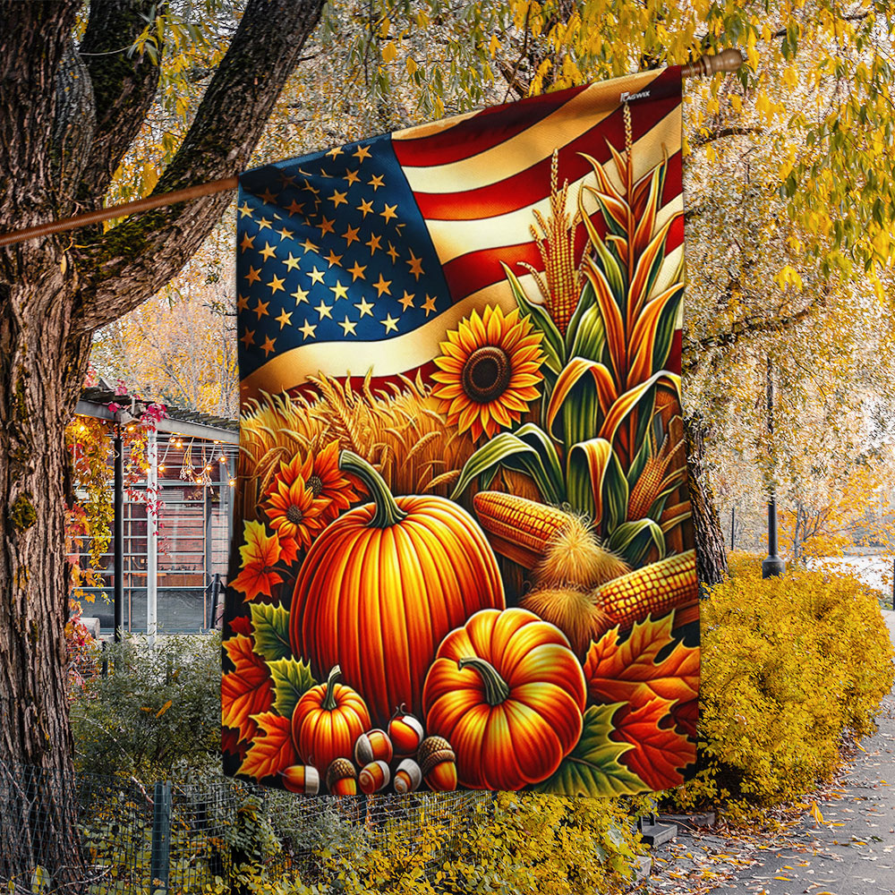 Double-Sided Fall Thanksgiving Pumpkin Flag with American Flag Design