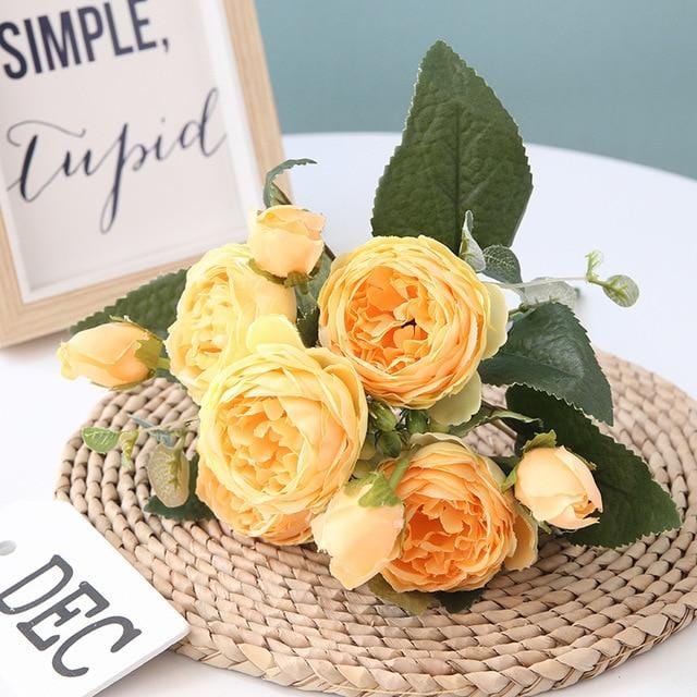 Artificial Peonies Floral Arrangement - Non-Woven Fabric, 5 Large Heads, 4 Buds