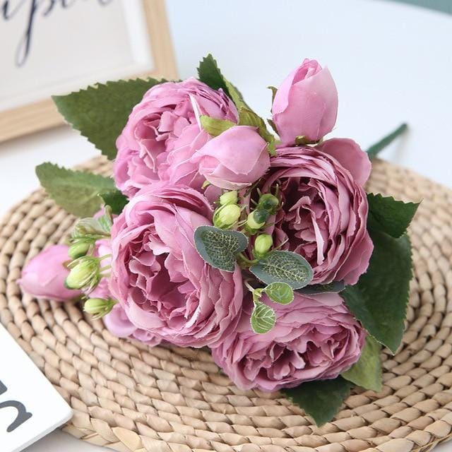 Artificial Peonies Floral Arrangement - Non-Woven Fabric, 5 Large Heads, 4 Buds