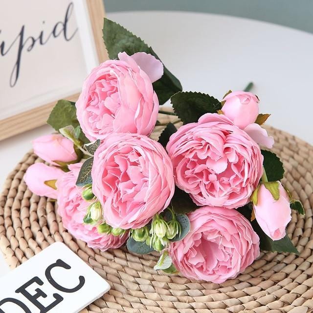 Artificial Peonies Floral Arrangement - Non-Woven Fabric, 5 Large Heads, 4 Buds