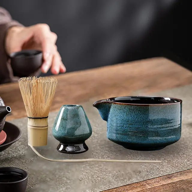 Japanese Matcha Tea Set with Ceramic Bowl and Bamboo Whisk