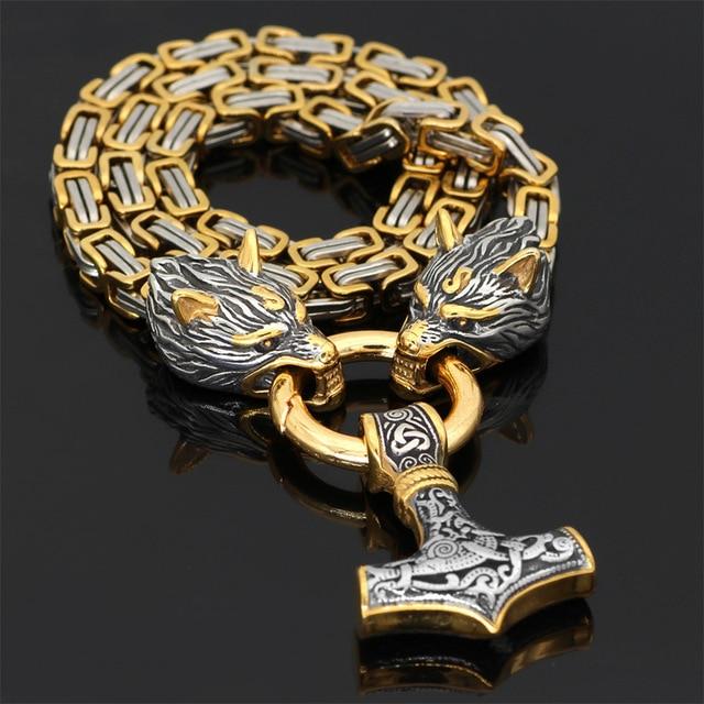 Stainless Steel Double Wolf Head and Mjolnir Necklace Bracelet 24-35 Inch