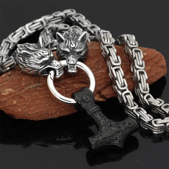 Stainless Steel Double Wolf Head and Mjolnir Necklace Bracelet 24-35 Inch