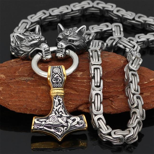 Stainless Steel Double Wolf Head and Mjolnir Necklace Bracelet 24-35 Inch