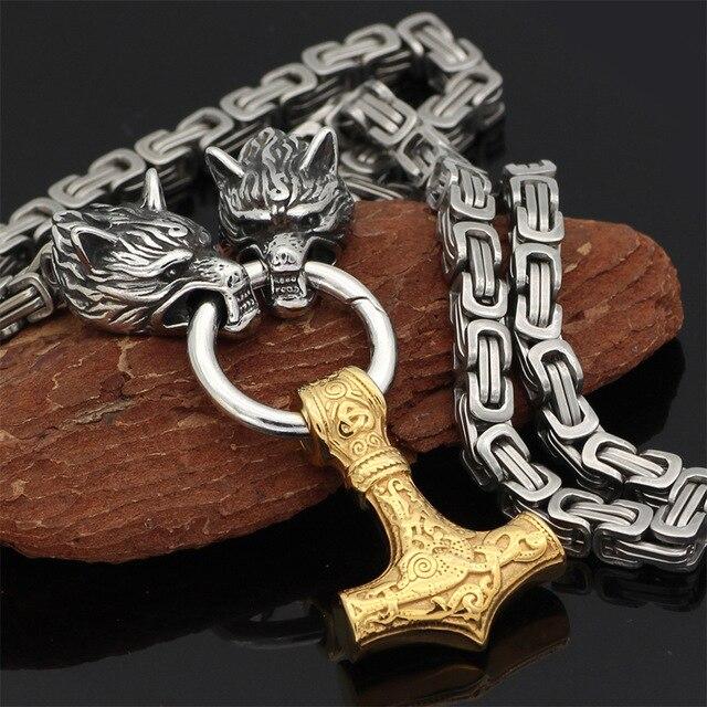 Stainless Steel Double Wolf Head and Mjolnir Necklace Bracelet 24-35 Inch