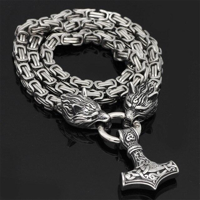 Stainless Steel Double Wolf Head and Mjolnir Necklace Bracelet 24-35 Inch