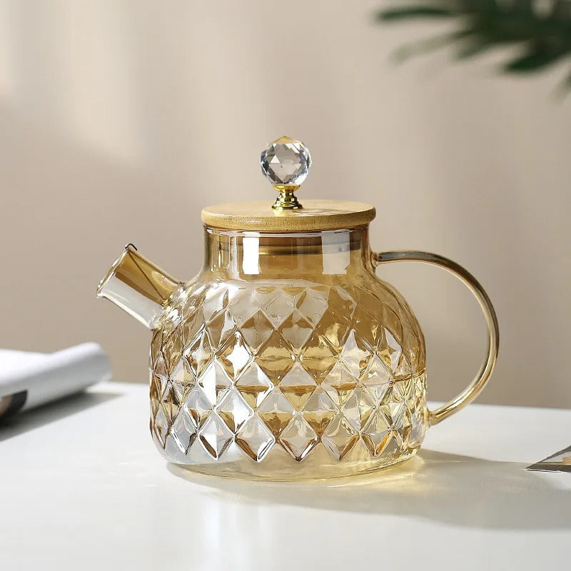 Glass Teapot with Bamboo Lid and Wooden Handle