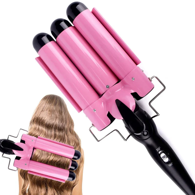 3-Barrel Ceramic Hair Curler with Adjustable Temperature