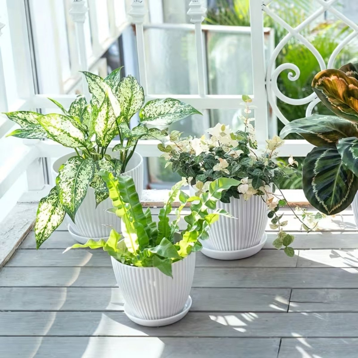 Modern Vertical Striped Flower Pot with Drainage Saucer