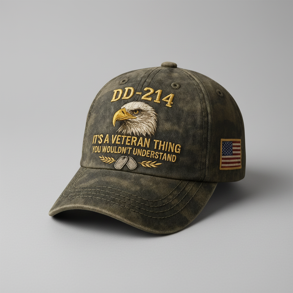 Embroidered Military Veteran Cap with American Flag Patch