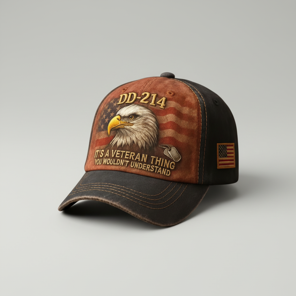 Embroidered Military Veteran Cap with American Flag Patch