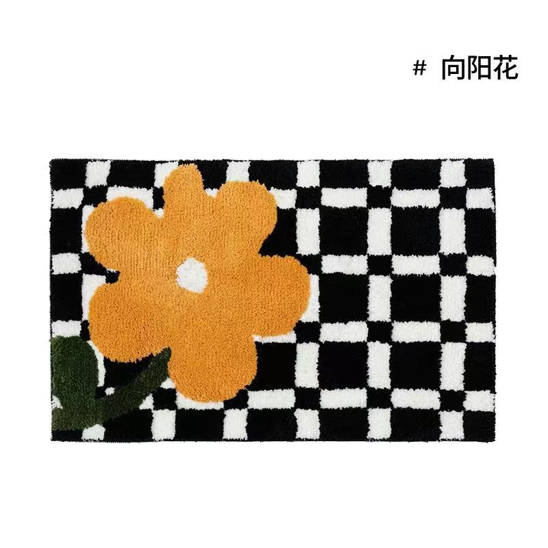 Vintage Checkered Plaid Bath Mat with Floral Design