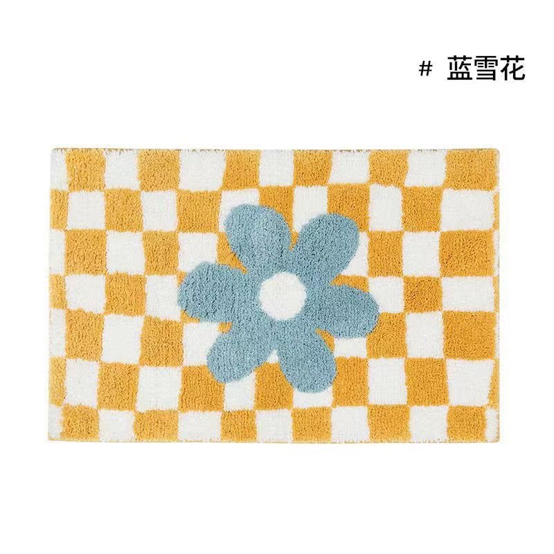 Vintage Checkered Plaid Bath Mat with Floral Design