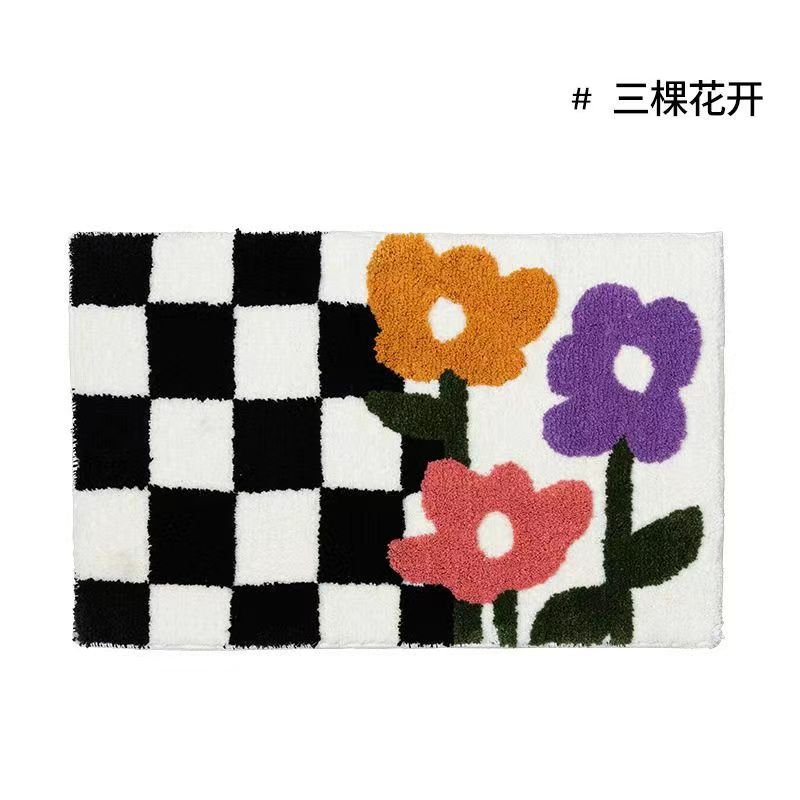 Vintage Checkered Plaid Bath Mat with Floral Design
