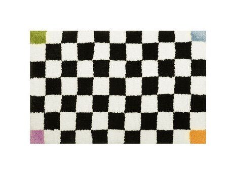 Vintage Checkered Plaid Bath Mat with Floral Design