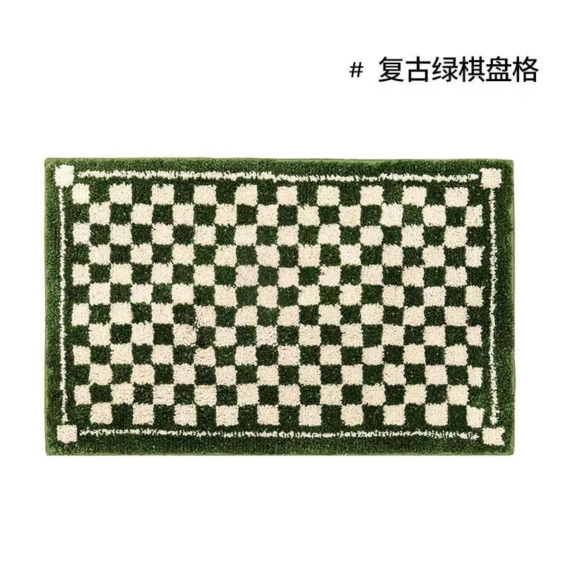 Vintage Checkered Plaid Bath Mat with Floral Design