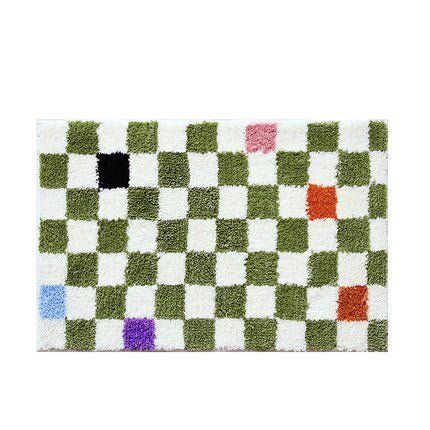 Vintage Checkered Plaid Bath Mat with Floral Design