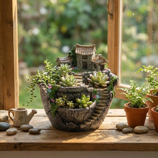 Rustic Three-Compartment Plastic Planter with Drainage Hole