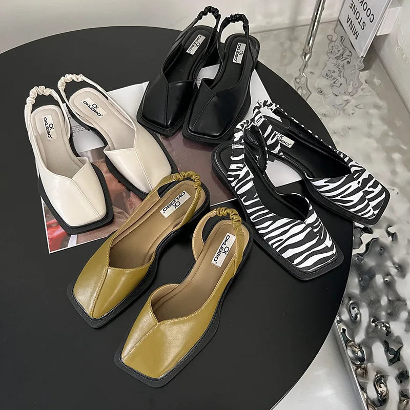 Elegant Square Toe Flat Shoes with Elastic Heel Strap
