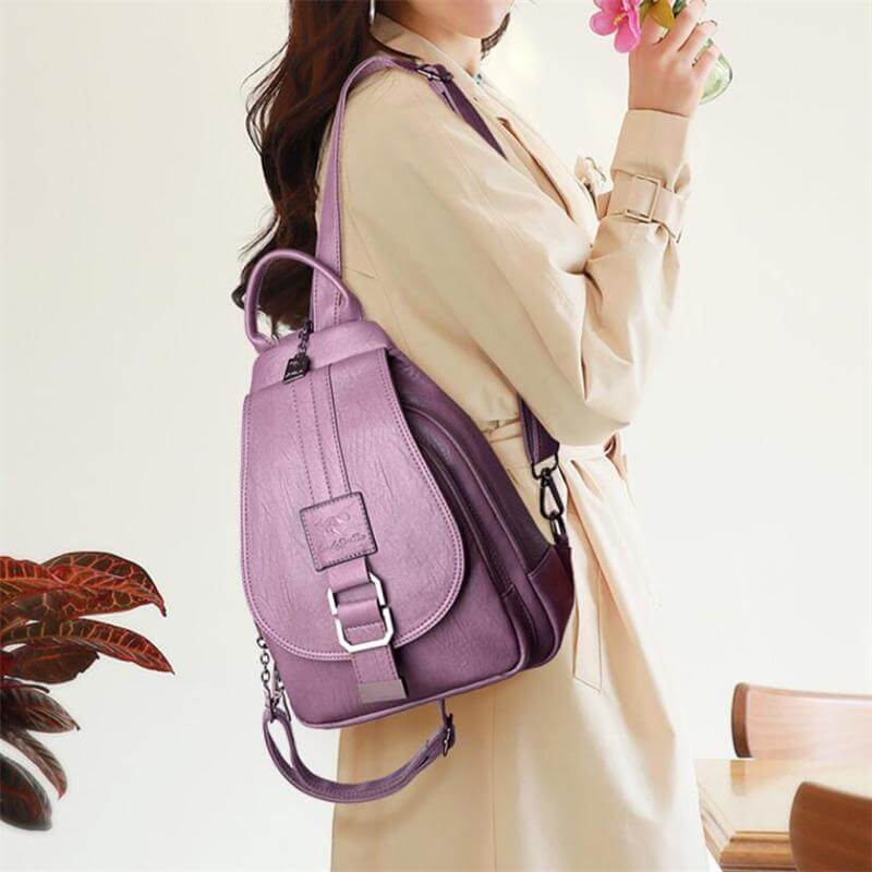 Water-Resistant Genuine Leather Backpack with Anti-Theft Pocket for Women