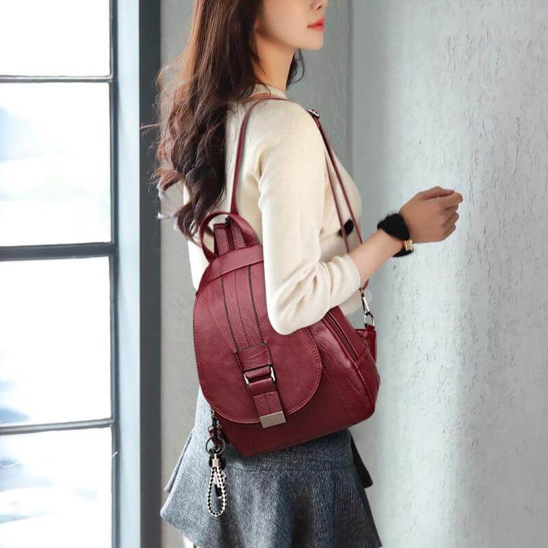 Water-Resistant Genuine Leather Backpack with Anti-Theft Pocket for Women