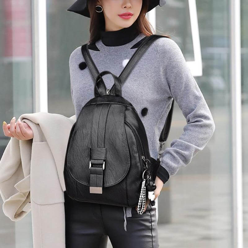 Water-Resistant Genuine Leather Backpack with Anti-Theft Pocket for Women