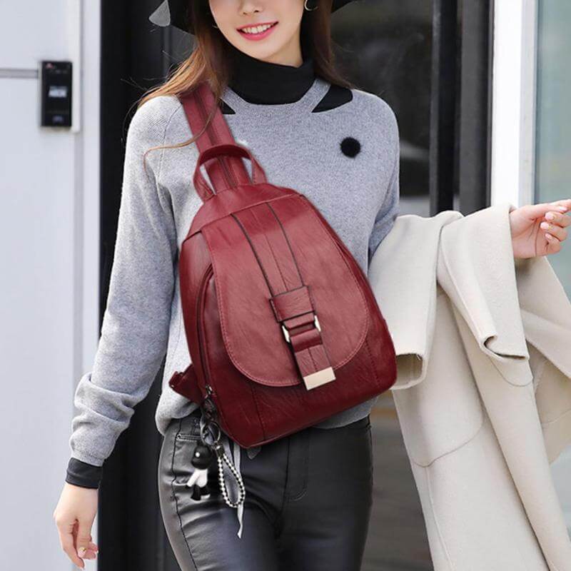 Water-Resistant Genuine Leather Backpack with Anti-Theft Pocket for Women