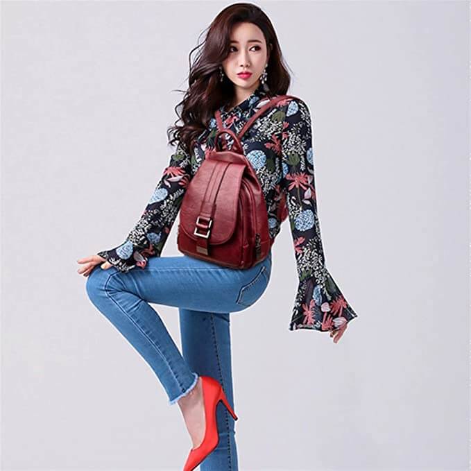 Water-Resistant Genuine Leather Backpack with Anti-Theft Pocket for Women