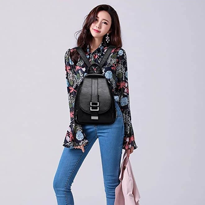 Water-Resistant Genuine Leather Backpack with Anti-Theft Pocket for Women