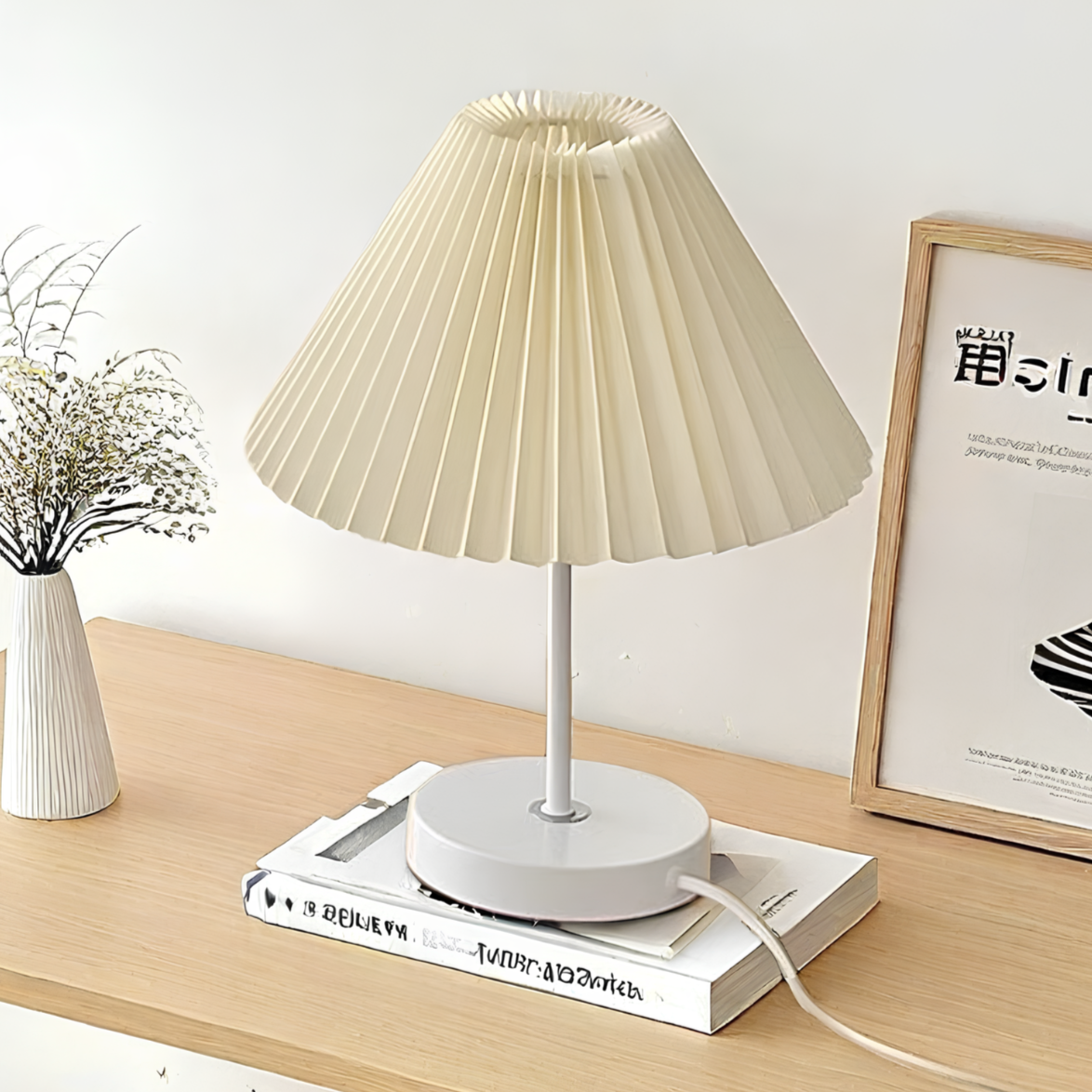 Dimmable Pleated Fabric Table Lamp with Iron Base