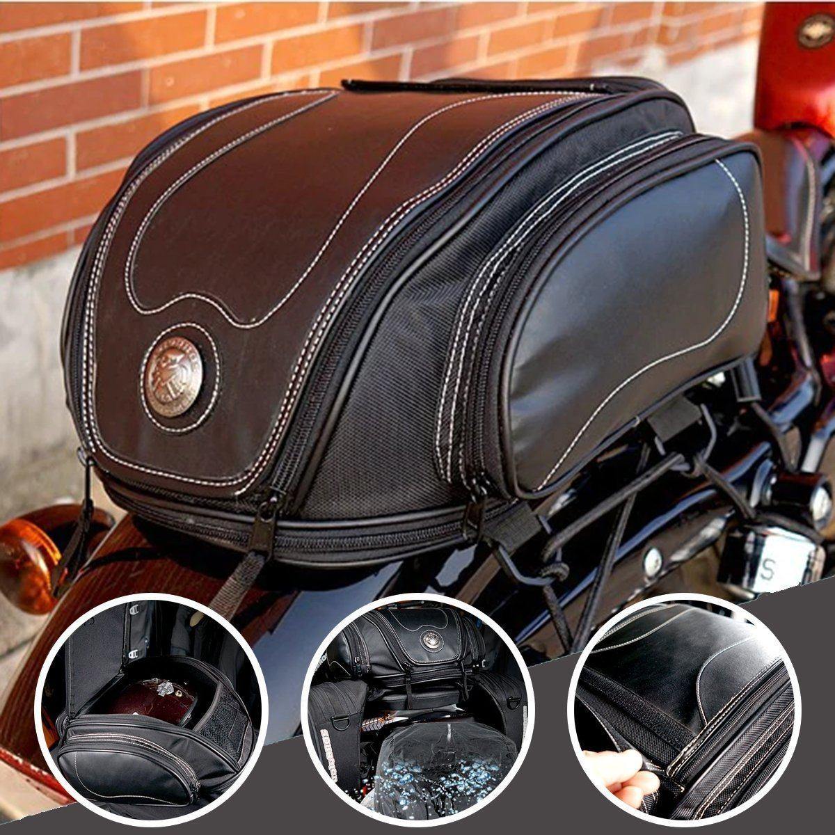 Water-Resistant PU Leather Motorcycle Tail Bag with Expandable Storage