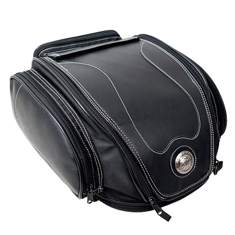 Water-Resistant PU Leather Motorcycle Tail Bag with Expandable Storage