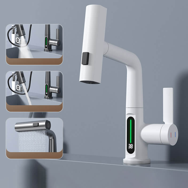 Flexible Kitchen and Bathroom Faucet with LED Temperature Display and Retractable Hose